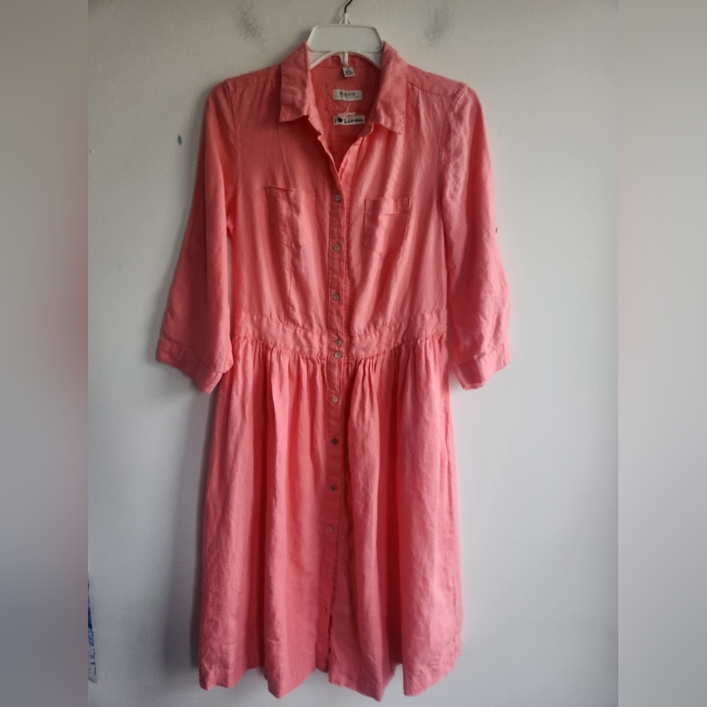 Malvin Hamburg Germany  Pink 100% Linen Midi Button Down Shirt Dress size 6